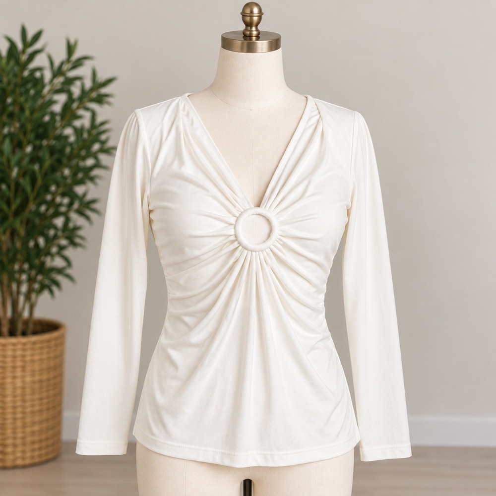Emma James Cream V-Neck O-Ring Ruched Long Sleeve Top EJMUA189 Size M